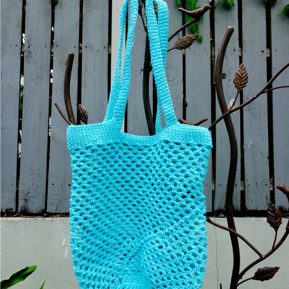 Cyan Blue Crochet Tote Bag